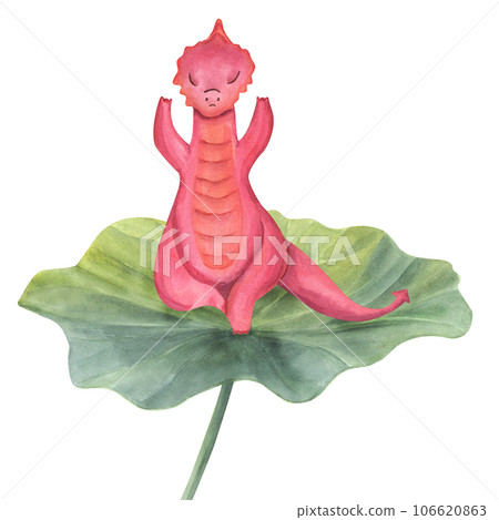 Red dragon meditating on lotus leaf. Animal practicing yoga exercises. Realistic water lily leaves and cartoon dragon. Watercolor illustration for spa and yoga centers 106620863