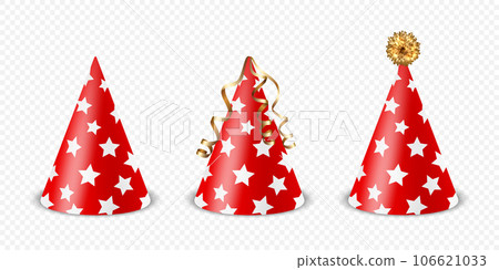 Vector 3d Realistic Red and White Birthday Party Hat Icon Set Isolated on White Background. Party Cap Design Template for Party Banner, Greeting Card. Holiday Hats, Cone Shape, Front View Vector 3d Realistic Red and White Birthday Party Hat Icon Set Isolated on White Background. Party Cap Design Template for Party Banner, Greeting Card. Holiday Hats, Cone Shape, Front View 106621033