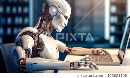 futuristic cyborg works on the laptop. futuristic cyborg works on the laptop. 106621106