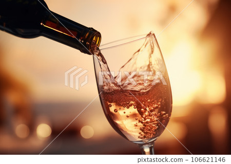 Wine is poured from bottle into glass on the background of vineyard and sunset sky. Generative AI 106621146