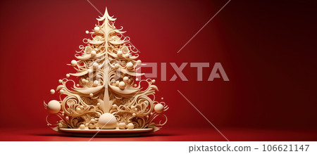 Creative Christmas tree with curls and balls on red background with copy space. Generative AI 106621147