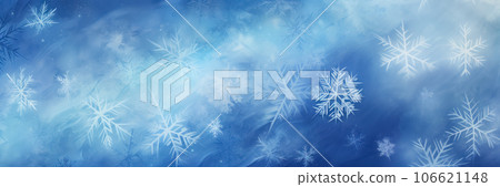 New Year banner with falling white snowflakes on blue background with copy space. Generative AI 106621148