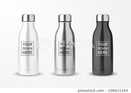 Vector Realistic 3d White, Silver and Black Empty Glossy Metal Reusable Water Bottle with Silver Bung Set Closeup Isolated on White Background. Design template of Packaging Mockup. Front View 106621164