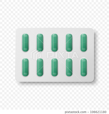 Vector Realistic Pharmaceutical Medical Green Pills, Vitamins, Capsule in Blister Closeup Isolated. Pills in Blister Packaging Design Template. Front, Top View. Medicine, Health Concept Vector Realistic Pharmaceutical Medical Green Pills, Vitamins, Capsule in Blister Closeup Isolated. Pills in Blister Packaging Design Template. Front, Top View. Medicine, Health Concept 106621180