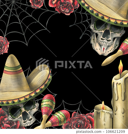 Human skulls, in a sombrero hat with maracas, red roses, candles and cobwebs. Hand drawn watercolor illustration for day of the dead, halloween, Dia de los muertos. Template on black background 106621209