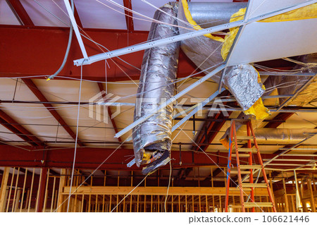 Complex construction of interior buildings requires execution of ceiling works along with old ceiling dismantling. 106621446