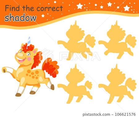 Find correct shadow magic curly unicorn yellow shadows vector Find correct shadow magic curly unicorn yellow shadows vector 106621576