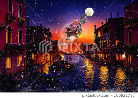 Santa Claus running through the sky in a reindeer sleigh 106621755