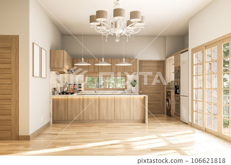 Modern contemporary style empty room with wooden kitchen counter background 3d render Modern contemporary style empty room with wooden kitchen counter background 3d render 106621818