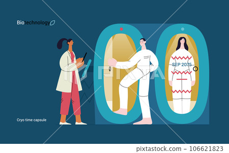 Bio Technology, Cryocapsule Time Freezer -modern flat vector concept illustration of futuristic cryocapsules resembling frozen time vaults. Metaphor of preserving life, time through cryonic technology Bio Technology, Cryocapsule Time Freezer -modern flat vector concept illustration of futuristic cryocapsules resembling frozen time vaults. Metaphor of preserving life, time through cryonic technology 106621823