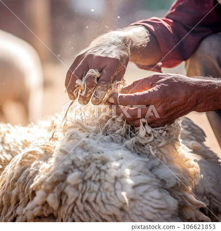 Close up of a sheep being sheared by a farmer. 106621853