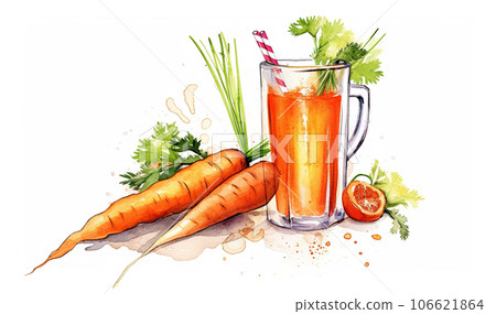 Carrot juice in a glass with fresh carrots. Watercolor hand drawn illustration. Carrot juice in a glass with fresh carrots. Watercolor hand drawn illustration. 106621864