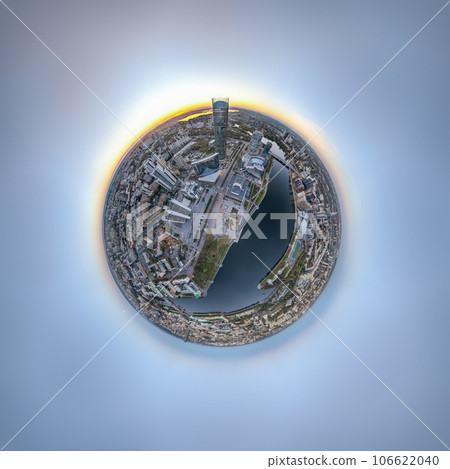 Yekaterinburg city with Buildings of Regional Government and Parliament, Dramatic Theatre, Iset Tower, Yeltsin Center, Aerial View. Little planet sphere mode 106622040