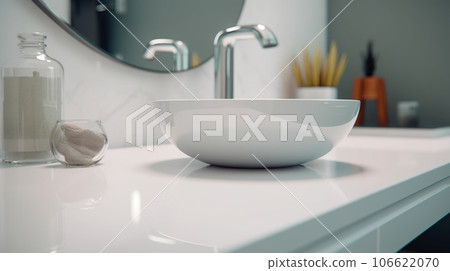 Stylish round sink on white countertop in modern white bathroom 106622070