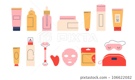 Skin Care products illustrations, skincare routine. Cream, lotion, mask, eye cream and sunscreen 106622082