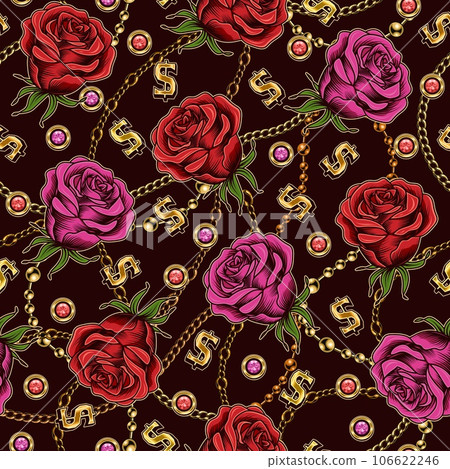 Seamless pattern with roses, chains, dollar sign 106622246
