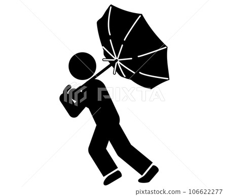 A pictogram that doesn't lose to the rain or the wind. Illustration of an umbrella overturned by strong winds of a typhoon. 106622277