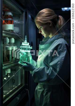 Medical female worker or scientist holding test tube in lab storage Medical female worker or scientist holding test tube in lab storage 106622360