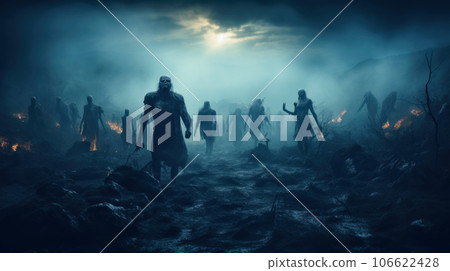 Zombies in misty forest, undead at graveyard at scary Halloween night Zombies in misty forest, undead at graveyard at scary Halloween night 106622428