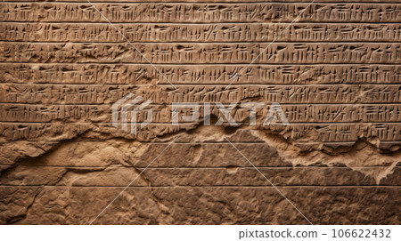 Cuneiform of Babylon in Mesopotamia carved into ancient stone wall 106622432