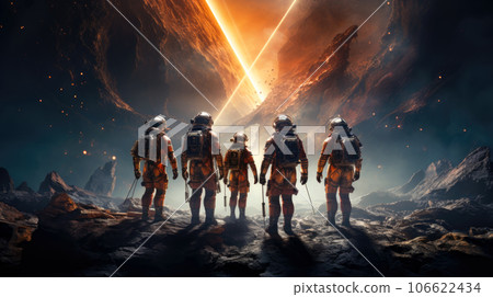 Astronauts on alien planet in deep space looking at strange light 106622434