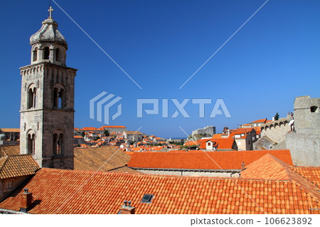 Croatia's world cultural heritage, the pearl of the Adriatic Sea, Dubrovnik - the spire of the Dominican monastery and the old town seen from the city walls Croatia's world cultural heritage, the pearl of the Adriatic Sea, Dubrovnik - the spire of the Dominican monastery and the old town seen from the city walls 106623892