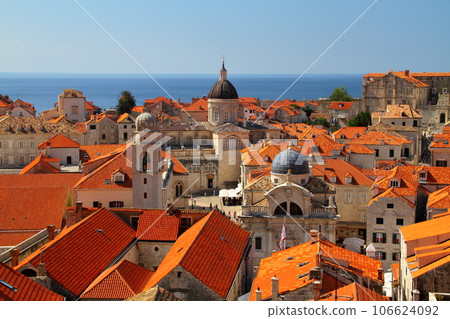 Dubrovnik, the world cultural heritage site of Croatia and the pearl of the Adriatic Sea. The old town lined with churches and the Adriatic Sea seen from the city walls 106624092