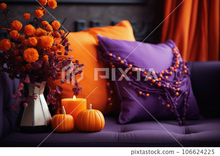 Halloween festive autumnal decor for party. Purple and orange colors. Celebration concept 106624225