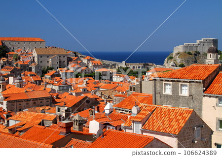 Croatia's world cultural heritage, Adriatic pearl Dubrovnik Old town and Lovrijenac fortress seen from the castle walls 106624389