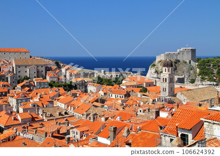 Croatia's world cultural heritage, Adriatic pearl Dubrovnik Old town and Lovrijenac fortress seen from the castle walls Croatia's world cultural heritage, Adriatic pearl Dubrovnik Old town and Lovrijenac fortress seen from the castle walls 106624392