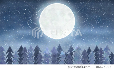 Stylish horizontal background illustration of a full moon, snow, and fir trees - winter image 106624922