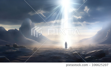 A person illuminated by a mysterious light from the sky "AI generated image" 106625207