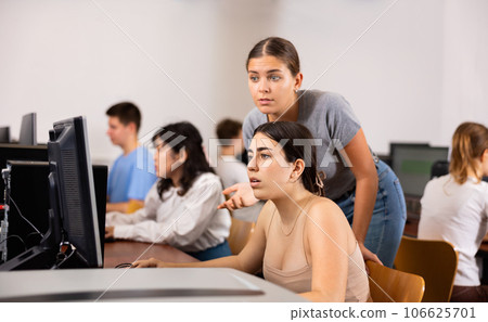 Schoolgirl and teacher using PC in computer class 106625701