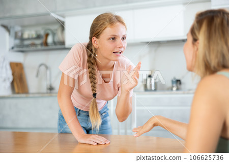 Teenage daughter enthusiastically tells unrecognizable mother about planned vacation with friends Teenage daughter enthusiastically tells unrecognizable mother about planned vacation with friends 106625736