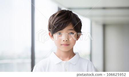 一個穿著白色衣服的日本男孩獨自拍照，背景是明亮的白色窗戶 106625952