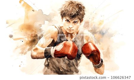 Watercolor painting of a black-haired young man in boxing style "AI generated image" 106626347