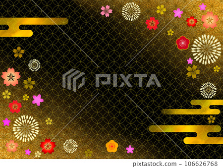 日本圖案和花卉圖案、麻葉、景泰藍和薄霧、黑色和金葉 日本圖案和花卉圖案、麻葉、景泰藍和薄霧、黑色和金葉 106626768