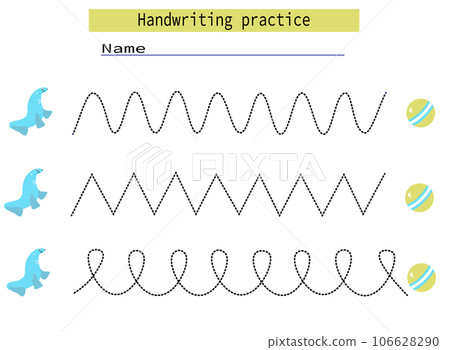 Trace lines for kids fur seal ball development practice handwriting for kids. vector 106628290