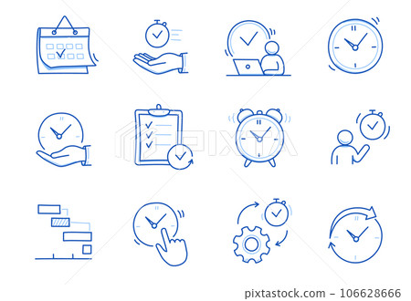 Time, calendar doodle line icon set. Hand drawn doodle sketch line style business time management, project deadline concept. Alarm clock, calendar, stopwatch cute elements. Vector Time, calendar doodle line icon set. Hand drawn doodle sketch line style business time management, project deadline concept. Alarm clock, calendar, stopwatch cute elements. Vector 106628666