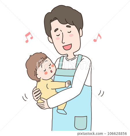 圍著圍裙的男人抱著嬰兒哄他睡覺也是他的上半身 106628856