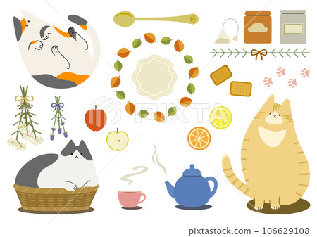 Illustration set of tea and miscellaneous goods enjoyed with cats 106629108
