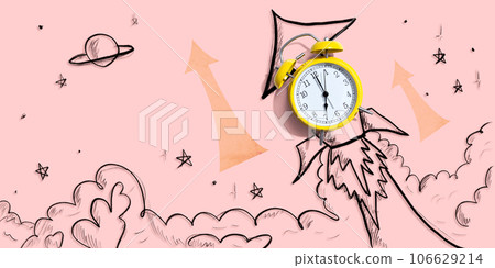 Alarm clock flying to the sky like a rocket 106629214