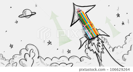 Back to school theme with hand drawn rocket and pencils 106629264
