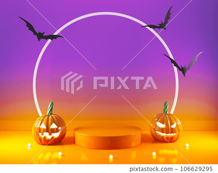 Halloween theme with pumpkin ghosts and bats in front of the light arch - 3D Halloween theme with pumpkin ghosts and bats in front of the light arch - 3D 106629295