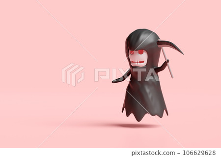 3d halloween holiday party with grim reaper, scythe isolated on pink background. 3d render illustration 3d halloween holiday party with grim reaper, scythe isolated on pink background. 3d render illustration 106629628