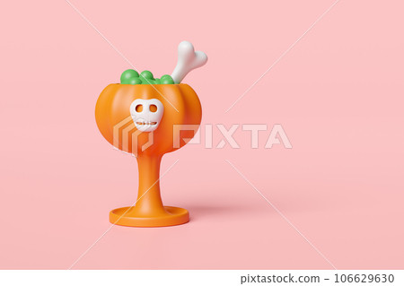 3d happy halloween party with magic cup, skeleton, skull isolated  on pink background. 3d render illustration 106629630