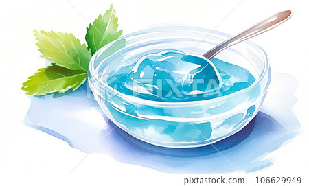 Watercolor illustration of light blue jelly in a bowl "AI generated image" 106629949