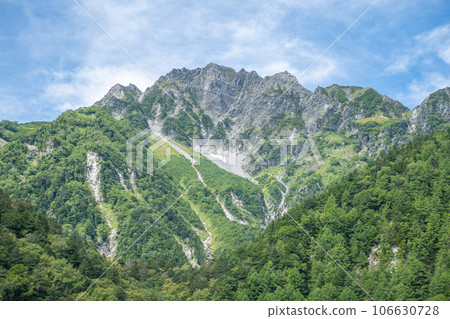 Mae Hodaka mountain in Kamikochi. Famous mountain for trekking and hiking in Matsumoto,Nagano,Japan Mae Hodaka mountain in Kamikochi. Famous mountain for trekking and hiking in Matsumoto,Nagano,Japan 106630728