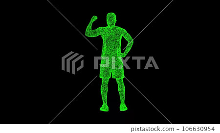 3D man shows his biceps on black background. Sports and Competitions concept. Fitness and Training. Business advertising backdrop. For title, text, presentation. 3d animation. 3D man shows his biceps on black background. Sports and Competitions concept. Fitness and Training. Business advertising backdrop. For title, text, presentation. 3d animation. 106630954