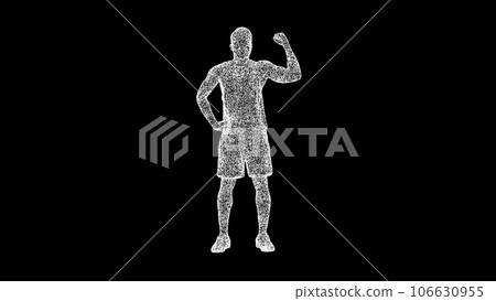 3D man shows his biceps on black background. Sports and Competitions concept. Fitness and Training. Business advertising backdrop. For title, text, presentation. 3d animation. 3D man shows his biceps on black background. Sports and Competitions concept. Fitness and Training. Business advertising backdrop. For title, text, presentation. 3d animation. 106630955